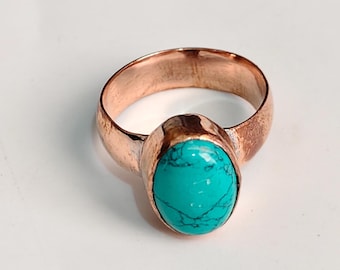 100% Pure Copper Turquoise Ring, Blue Gemstone Rings, Statement Ring, Boho Band,Oval  MeditationJewelry