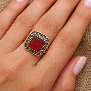 Large Raw Ruby Ring 925 Sterling Silver, Square Boho Statement Ring, Handmade Red, Jewelry