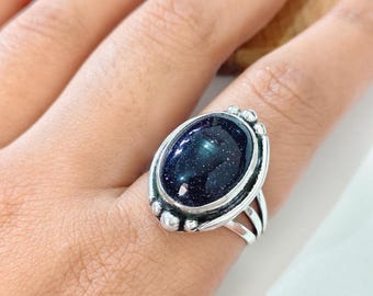 Navy Blue Gold Stone Dainty  Ring: 925 Solid Sterling Silver Boho Jewelry in Smith