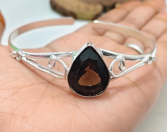 Smoky Quartz Bracelet, Handmade Bangles, Adjustable Bangle, Gemstone Cuff Bracelet, Statement Jewelry