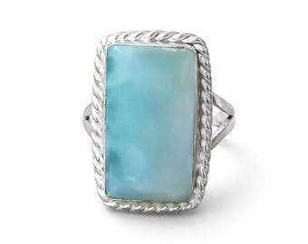 Natural Larimar Stone Silver Ring,Larimar Birthstone,Boho Statement Rings,925 Sterling Jewelry
