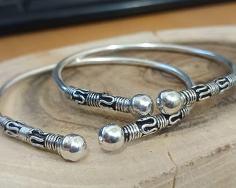 Set of 2 Sterling Silver West Indian Bangles, Boho Hippie Style Jewelry
