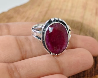 Indian Ruby Ring  Statement Solid Bands  Handmade Band, Ruby Oval Rings  925 Sterling Silver