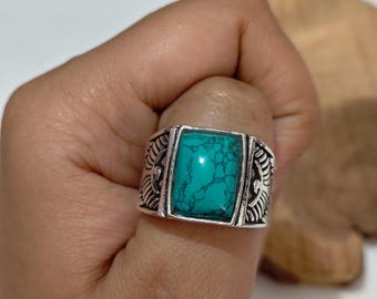 Natural Tibetan Turquoise Mens Signet Ring: Oxidized Sterling Silver Gift