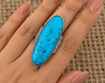 Large Oval Turquoise Statement Ring, Boho Silver Gemstone Jewelry