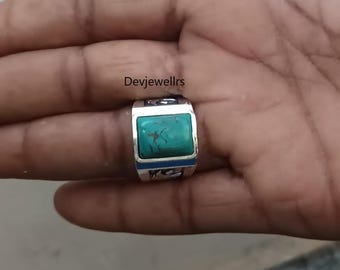 Chevalière homme turquoise tibétaine naturelle : cadeau en argent sterling oxydé