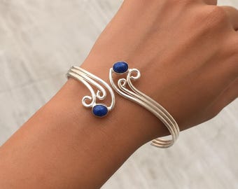 Natural Lapis Lazuli Silver Bangle,Bracelet, Sterling Silver, Adjustable Bangles, Boho Jewelry,  StatementWedding gift