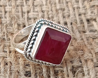 Emerald Cut Red Ruby Ring, 925 Sterling Silver, Boho Jewelry