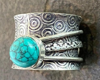 Turquoise ring,925 Sterling ring, Round Gemstone Ring, Spinner Ring, Hand Made Ring, Women Ring, Silver Ring, Best Looking Ring,