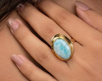 Larimar Ring, Gold Brass Ring, Oval Gemstone Rings, Handmade Boho Jewelry, Blue Stone StatementGift