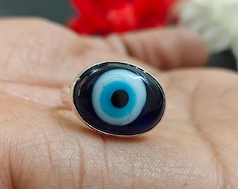 Anel Olho Grego em Prata de Lei 925, Anel de Proteção Contra o Mau-Olhado Azul