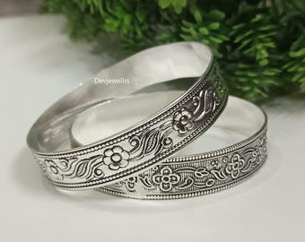 Sterling Silver Floral Bangle Set, Vintage Boho Engraved Jewelry