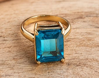 Aquamarine Gemstone Ring,  Handmade Solid Brass Band,  Wedding Gift, Blue Stone Statement Rings, AnniversaryGift