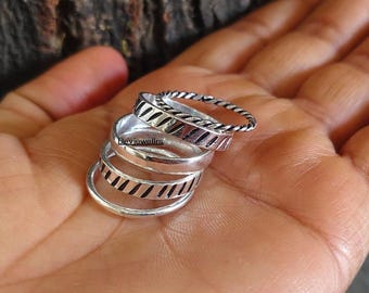 Handmade Sterling Silver Stacking Ring Set: Hammered, Twisted, Thin