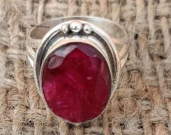Indian Ruby Ring  Statement Solid Bands  Handmade Band, Ruby Oval Rings  925 Sterling Silver