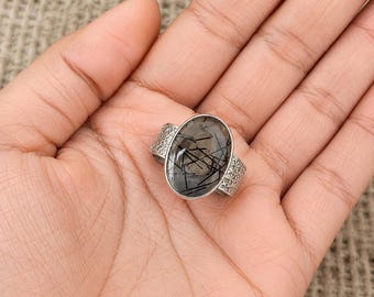 Black Rutile Quartz Ring, Oval Crystal Ring, Natural Gemstone Rings,925 Sterling Silver , BohoJewelr