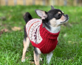 Turtle Neck - Alpaca Wool Dog Sweater/Jumper Hand Knitted in Peru - Red & Beige