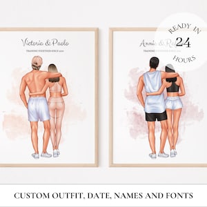 Póster de pareja en el gimnasio: regalo de aniversario: las parejas que entrenan juntas permanecen juntas: creador de parejas que hacen ejercicio: ilustración personalizada