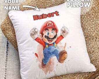 Personalized Super Mario Pillow - Your Name, Gift for Kids, Kids Room Decor, Nursery Decoration, Mario and Luigi, Drawing Pillow, Watercolor