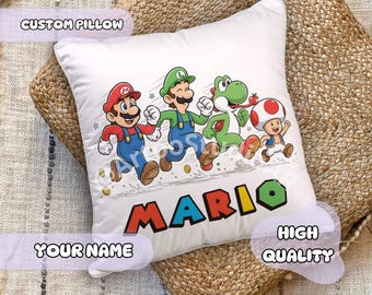 Cute Gentle Super Mario Bros Pillow - Personalized Name, Gift for Kids, Kids Room Decor, Nursery Decoration, Toad Yoshi Luigi, Custom Gift