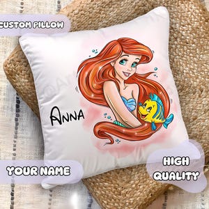 Custom Princess Ariel Pillow - Custom name for girls, Nursery Decor Art, toddler personalized cushion Fairy Tale, Baby shower, Girl Room