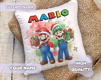Aangepast Super Mario-kussen - kerstthema, cadeau voor kinderkamerdecoratie, kinderkamerdecoratie, Mario en Luigi, jongenscadeau, gepersonaliseerde naam