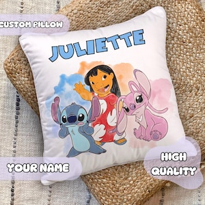 Custom Lilo & Stitch Pillow - Personalized Name, Gift for Kids, Stitch and Angel, Watercolor, Playroom Decor, Kids Room Decor, Birthday Gift