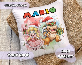 Custom Super Mario-kussen - kerstthema, cadeau voor kinderkamerdecoratie, kinderkamerdecoratie, Bowser Princess Peach, jongenscadeau, gepersonaliseerd
