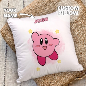 Personalized Kirby Pillow - Square Pillow, Nursery Decor, Gift for Kids, Custom Pillow, Birthday Gift, Your Names, Gaming Room, Watercolor
