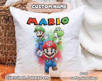 Personalized Super Mario Pillow - Custom Name, Gift for Kids, Kids Room Decor, Nursery Decoration, Mario Yoshi Luigi, Birthday Gift Idea
