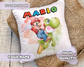 Custom Super Mario Pillow - Personalized Name, Gift for Kids, Kids Room Decor, Nursery Decoration, Mario and Luigi, Boys Gift, Yoshi Mario