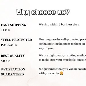 May include: Image with the text "Why choose us?" and bullet points: Fast shipping time, well-protected package, best quality mugs, and satisfaction guaranteed. The image is on a white background with a watercolor effect.