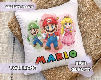 Cute Super Mario Theme Pillow - Custom Name, Gift for Kids, Kids Room Decor, Nursery Decoration, Mario Yoshi Luigi, Birthday Gift Idea