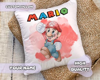 Custom Super Mario Pillow - Personalized Name, Gift for Kids, Kids Room Decor, Nursery Decoration, Mario and Luigi, Boys Gift Idea, Gaming