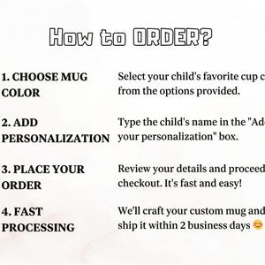 May include: White graphic with the text "How to ORDER?" and numbered steps for ordering a custom mug. Steps include choosing a color, adding personalization, placing the order, and fast processing.