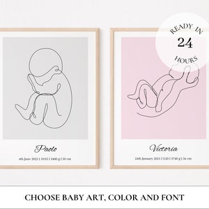 Póster de nacimiento personalizado para recién nacidos: póster de bebé personalizado: regalo de nacimiento, boceto, arte de una línea: decoración de guardería: ilustración para recién nacidos