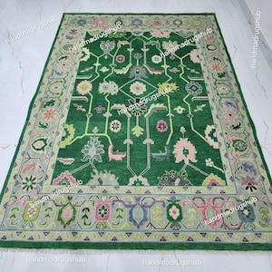 Hand-Knotted Wool Oushak Rug: Green, Pink, & Navy - 8x10