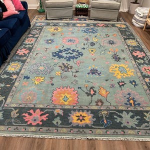 Hand Knotted Oushak Wool Rug 8x10: Emerald & Charcoal Gray Oriental Design