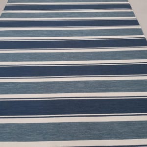 Hand Woven Wool Dhurrie Rug: Blue and White Striped Flatweave