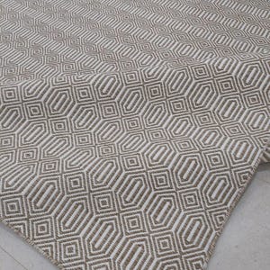Handwoven Light Brown Wool Dhurrie Rug: Geometric Diamond Kilim, Custom Size