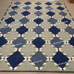 Hand Woven Wool Dhurrie Rug: Blue & Grey Modern Kilim, 8x10
