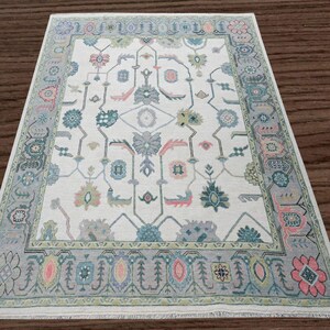 Hand-Knotted Wool Oushak Rug 8x10: Blue & Cream Floral Area Rug