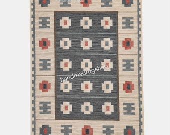 Handwoven Kilim Rug: Swedish Modern Wool Dhurrie, Earth Tones 12x15