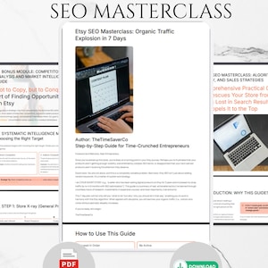 Könnte beinhalten: Digitales Produkt mit dem Titel "SEO Masterclass" und dem Untertitel "Etsy SEO Masterclass: Organic Traffic Explosion in 7 Days". Das Bild zeigt einen Leitfaden mit Inhaltsplan, Bonusmodulen und Download-Optionen. Der Leitfaden ist für zeitlich eingeschränkte Unternehmer.