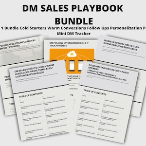 May include: A bundle of digital marketing guides titled "DM Sales Playbook." The bundle includes guides on cold starters, warm conversions, follow-ups, personalization, and a mini DM tracker. The text "Instant Download (PDF) for Etsy Digital Sellers" is also visible.