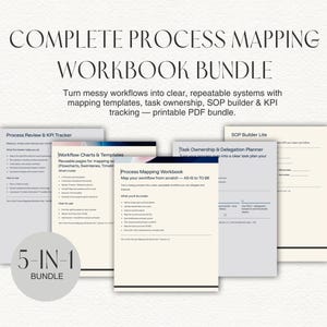 Könnte beinhalten: Ein komplettes Prozess-Mapping-Workbook-Bundle. Das Bild zeigt ein Bundle von Arbeitsbüchern mit dem Text "COMPLETE PROCESS MAPPING WORKBOOK BUNDLE". Das Bundle enthält einen Prozessüberblick & KPI-Tracker, Workflow-Diagramme & Vorlagen.