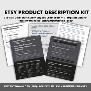 Peut inclure: Ensemble de guides PDF imprimables pour les vendeurs Etsy, comprenant un guide de démarrage rapide, une fiche de triche SEO, des modèles, des feuilles de calcul à remplir et un outil d'optimisation des annonces. Documents en noir et blanc.