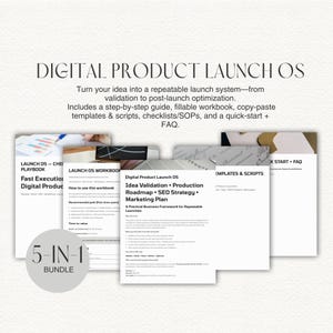 May include: A bundle of digital product launch resources. The image features a workbook, playbook, templates, and a quick-start guide. The bundle includes a step-by-step guide, fillable workbook, and checklists.