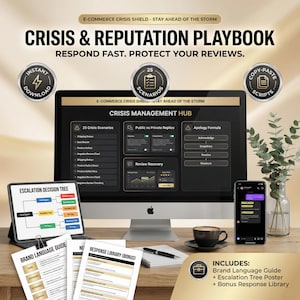 Könnte beinhalten: Ein Desktop-Computer, ein Tablet und ein Smartphone zeigen eine Oberfläche für ein Krisenmanagement-Hub. Das Bild enthält gedruckte Anleitungen, eine Kaffeetasse und den Text "CRISIS & REPUTATION PLAYBOOK". Das Paket enthält einen Markenleitfaden, ein Eskalationsbaum-Poster und eine Bonus-Antwortbibliothek.