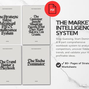 Op de afbeelding: Een digitale marketing werkboekenset getiteld "The Market Intelligence System". De afbeelding toont vier boekomslagen met titels als "The Strategic Edge" en "The Customer Insight Blueprint". Een rood PDF-pictogram is zichtbaar, samen met een vinkje dat 80+ pagina's strategie en werkbladen aangeeft.